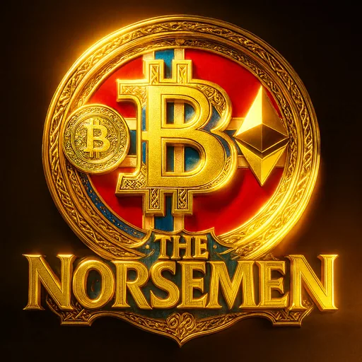 The Norsemen-emblemet: gull-ring med Bitcoin og Ethereum over det norske flagget